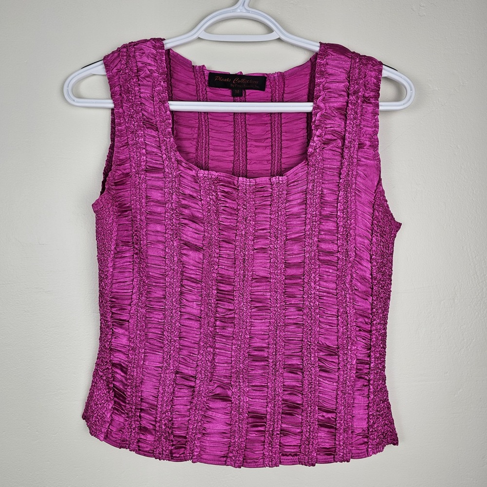 Magenta Pink Ruched Tank Top Women M Smocked Satin Stretch